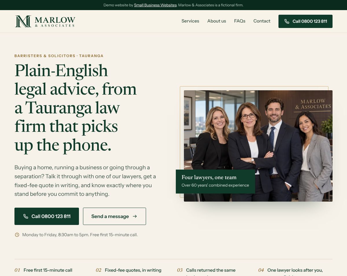 Marlow & Associates homepage with a ‘Plain-English legal advice’ headline, call and message buttons and a photo of the firm’s four lawyers