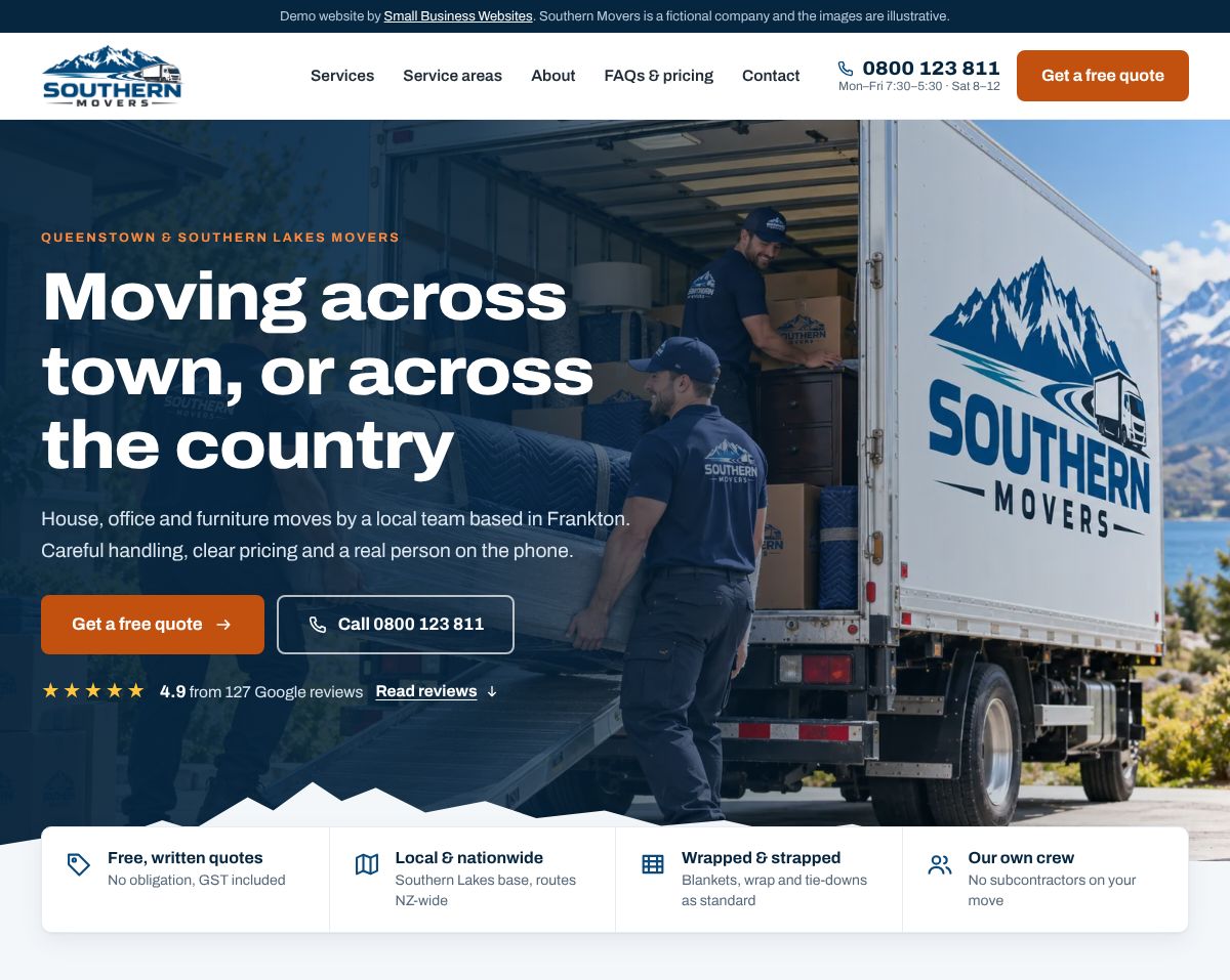 Southern Movers homepage with a ‘Moving across town, or across the country’ headline, a free quote button and movers loading a branded truck