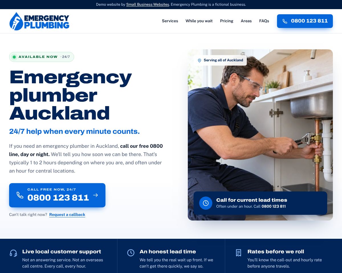 Emergency Plumbing homepage with an ‘Emergency plumber Auckland’ headline, a free 0800 call button and a plumber fixing pipes under a sink